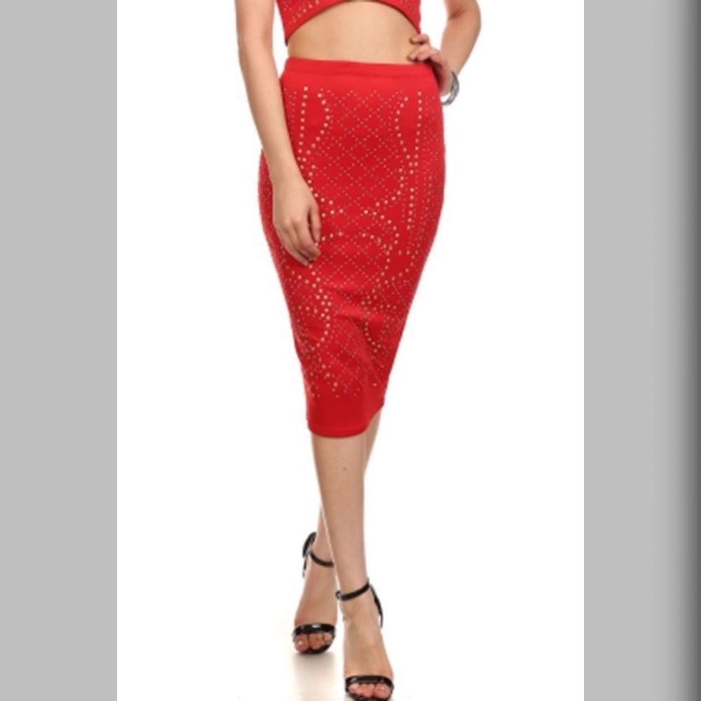 Studded Red Pencil Skirt